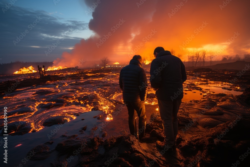 Researchers, faces lit by fiery lava, scrutinize a volcanic eruption, fusing science and nature's fury. An intense, red-tinted scene of curiosity and discovery.