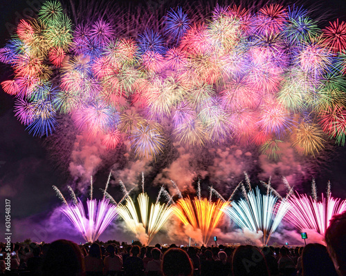 色とりどりの小さな花が夜空いっぱいに広がったようなワイドスターマイン