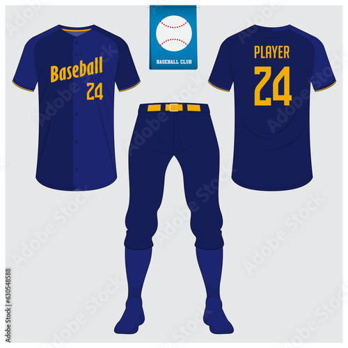 Baseball uniform, sport jersey, t-shirt sport, short, sock template. Baseball t-shirt mock up. Front and back view sport uniform. Flat baseball logo on blue label. Vector Illustration.