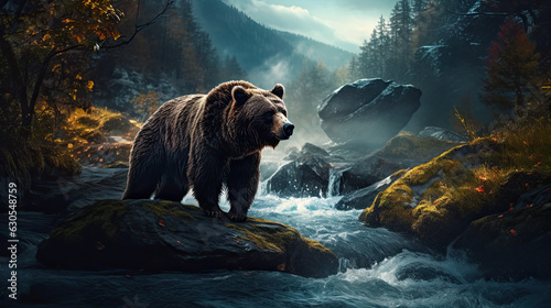 A grizzly bear looks across a rushing mountain river. © Scissortail Studios