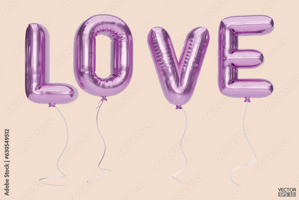 3D purple letter love balloons. Love purple characters balloons in the air. For celebration, party, date, invitations, event, card, and Valentine's Day.  3d vector illustration.