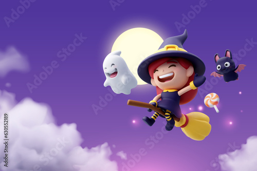 3d Vector of little witch and bat are flying with ghost in sky at night,