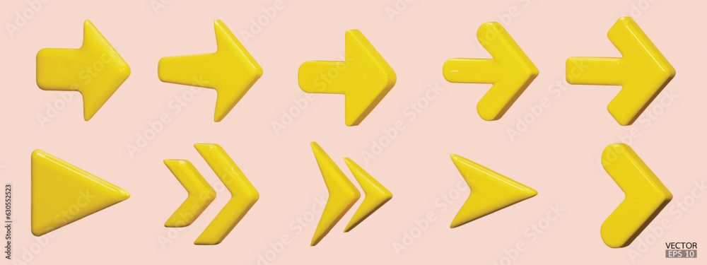 Set of yellow vector arrows. Shiny 3d glass Arrows icon. Arrows Cartoon minimal style collection. 3d vector illustration. Set of yellow vector arrows. Shiny 3d glass Arrows icon. Arrows Cartoon minimal style collection. 3d vector illustration.