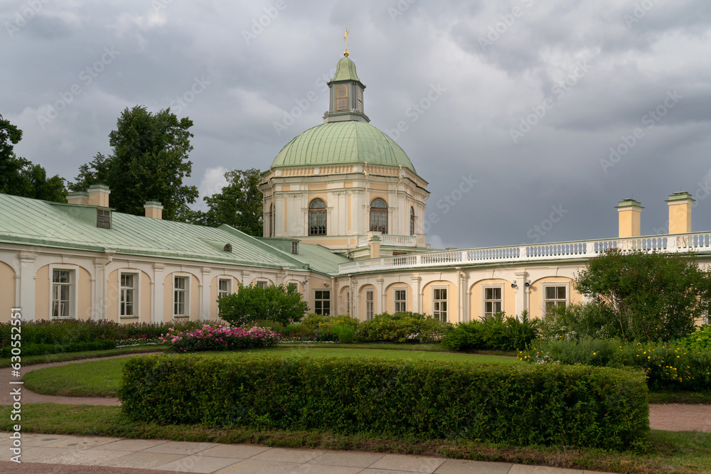 View of the side West Pavilion (Church Pavilion) of the Great (Menshikov) Palace in the Oranienbaum Palace and Park Ensemble on a sunny summer day, Lomonosov, Saint Petersburg, Russia