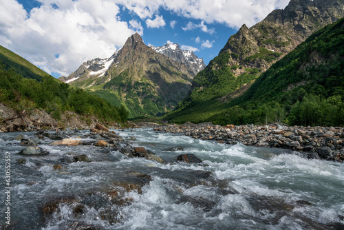 View of the Dombay-Ulgen River in the mountains of the North Caucasus near the village of Dombay on a sunny summer day  Karachay-Cherkessia  Russia