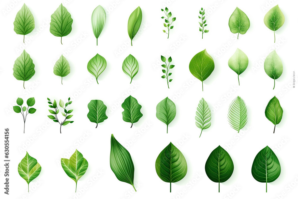 Set of isolated green leaves on white background. Generative ai. Set of isolated green leaves on white background. Generative ai.