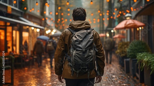 Walking down the street, a man is holding a bag