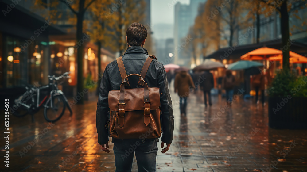 Walking down the street, a man is holding a bag
