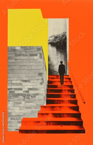 Man walks up stairs, Architectural Resonance - Indie editorial collage retro illustration - risograph risoprint artwork