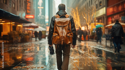 man walks down the street, carrying a bag photo
