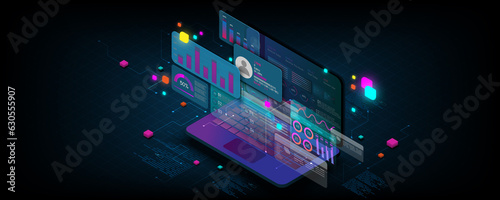 
Laptop technology background image, analyst concept, business graph, web development, virtual screen on blue background.