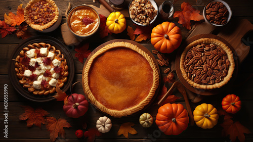 delightful assortment of homemade autumn pies featuring pumpkin, apple, and pecan on a rustic wood surface