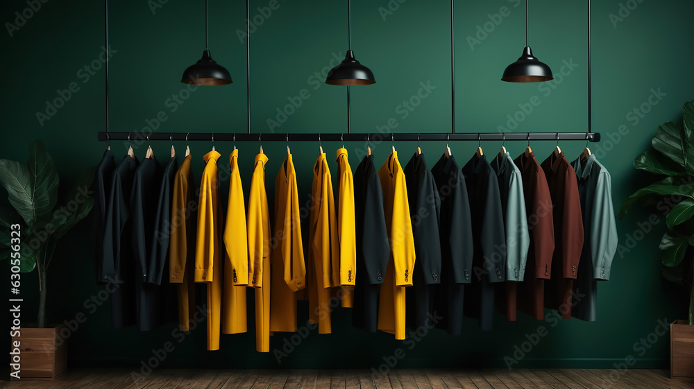 Fashionable clothes are hung on a wall-mounted rack