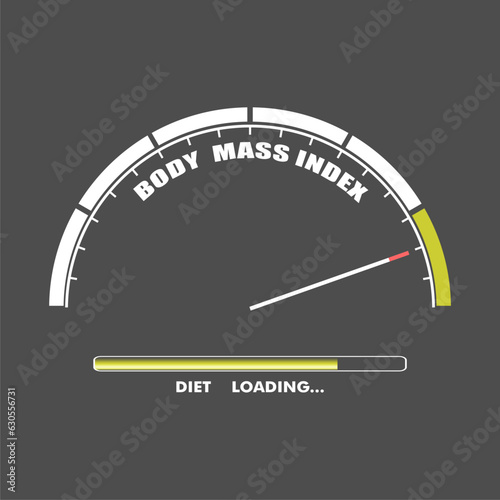 Body mass index meter read level result. Color scale with arrow and progress bar. The measuring device icon.