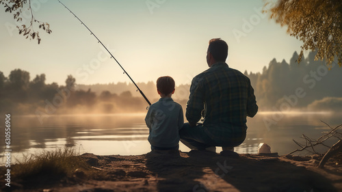 Father and child fishing together by the river in the morning