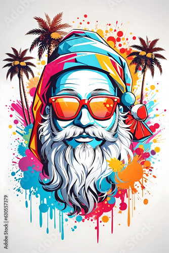 Santa Claus with sunglasses and headphones on colorful background. Vector illustration.