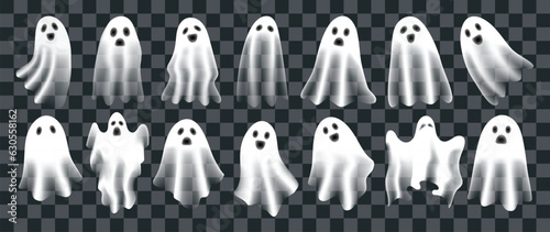 Happy Halloween day vector. Cute collection of spooky ghost with emotion, spirits gradient mesh effect. Transparent shadow effect ghost in Halloween festival for decoration, prints, cover, stickers.