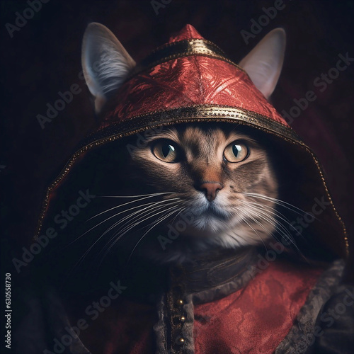 A beautiful gray cat in a red hood and a red, elegant vest.