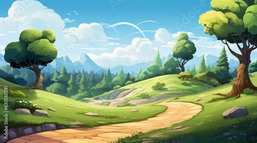 Illustration of winding road surrounded by trees background.