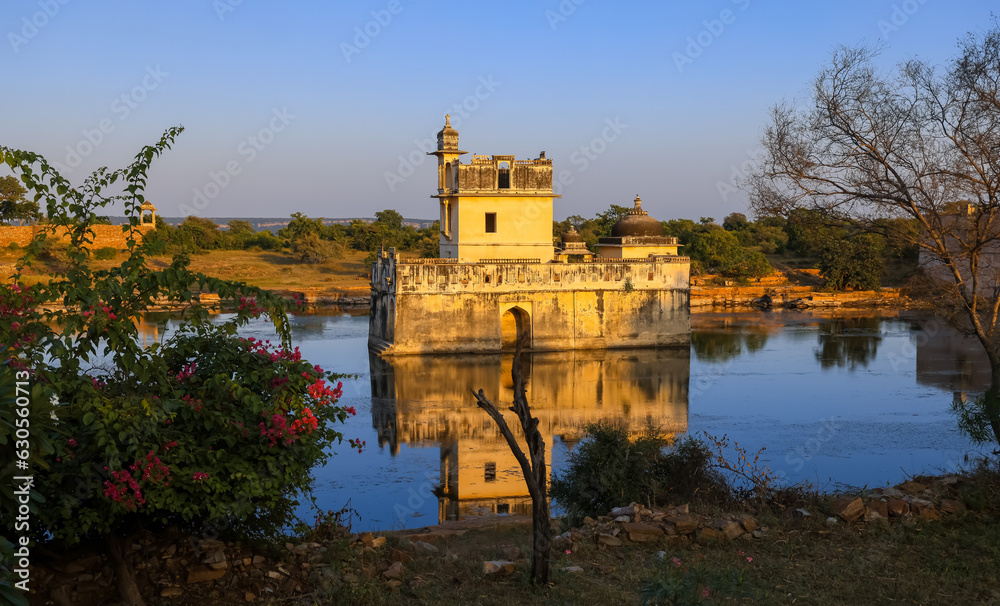 Historic Rani Padmavati Mahal in the middle of lake in Chittorgarh fort in Rajasthan, India.