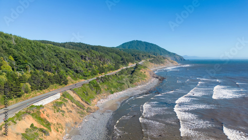 Aerial view of Scenic Pacific coast in Oregon state, Scenic byway route 101 can be seen along the coast . photo
