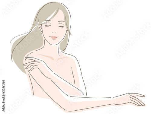Young woman touches her arm, closed eyes and smile. Vector illustration in line drawing, isolated on white background.