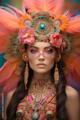 A beautiful portrait of a futuristic tribal warrior woman wearing a striking carnival headpiece, mask, and crown that transforms her into a majestic masque-doll
