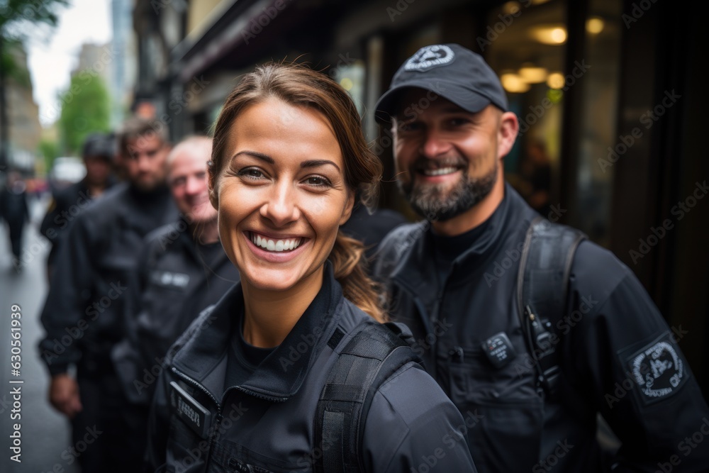 Portraits of women, men, and security guards in the city. Cross your arms and enjoy your support, safety, and teamwork.