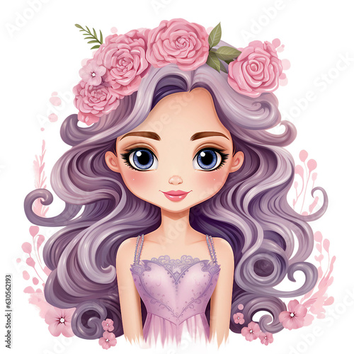 Little Princess watercolor clipart with with rose flower crown, big round black eye, purple hair, purple dress looking front © Md Shahjahan
