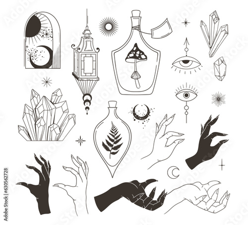 Mystical clip arts bundle - human hand, crystals, mushroom in magic mason jar, evil eye, fern leaves, sun and moon silhouettes, witchcraft objects hand drawn isolated design elements set in vector