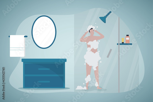 Person in bathroom. Man taking shower in transparent shower room