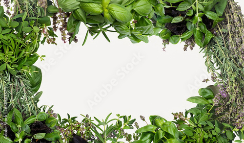 Fotografie Herbaceous Mediterranean Border Aromatic Basil, Thyme, Oregano, Rosemary, and Sa