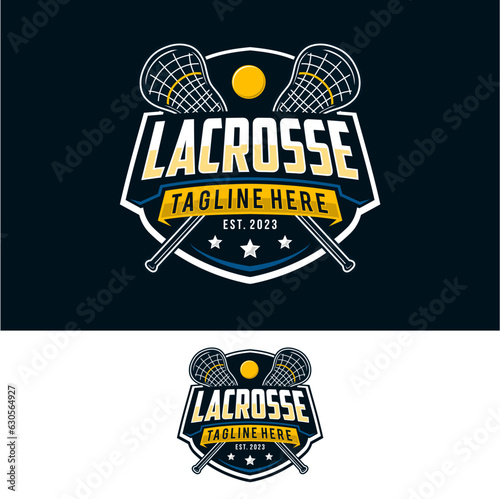 Lacrosse badge emblem logo. Sports label vector illustration with stick