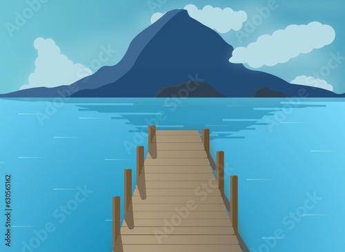 ilustración paisaje volcán y muelle de Guatemala
