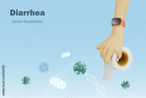 Diarrhea, food poisoning, stomach disorder concept. Hand holding toilet paper roll with bacteria, virus diseases.. 3D vector cartoon character.