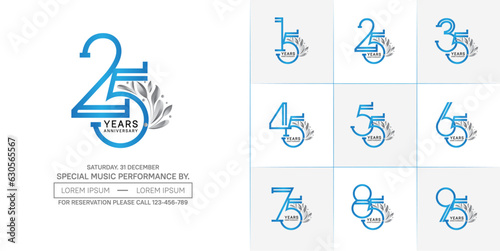 set of anniversary logotype blue color with silver ornament for special celebration event