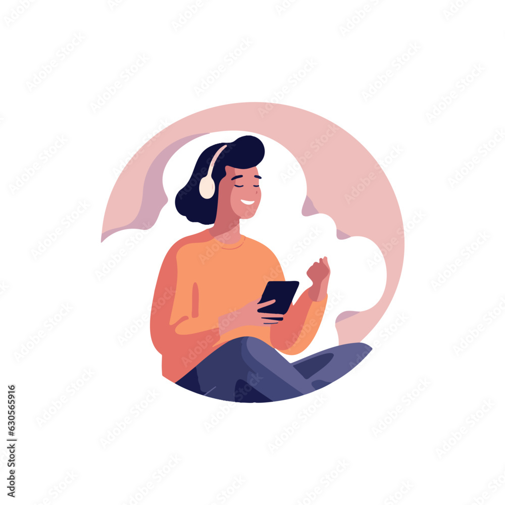 woman sitting on cell phone listening to music on headphones