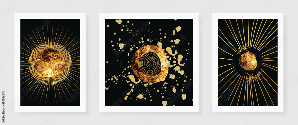 Luxury gold wall art wallpaper. Black and gold foil background. Abstract wall art design with sun ray, sun burst, shiny golden light texture. Modern art mural wallpaper. Vector illustration.