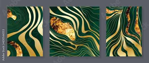 Luxury gold wall art wallpaper. Watercolor dark green and gold foil background. Banana leaf wall art design with golden line, shiny golden light texture. Modern art mural wallpaper. 