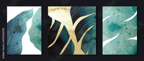 Luxury gold wall art wallpaper. White and gold foil background. Banana leaf wall art design with gold line, watercolor texture. Modern art mural wallpaper. Vector illustration.