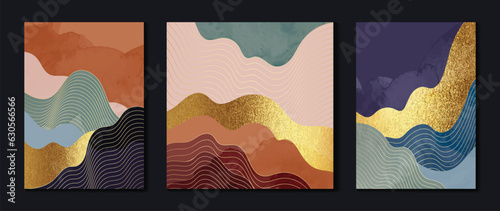 Luxury gold wall art wallpaper. Colorful and gold foil background. Landscape wall art design with mountain, hill, shiny golden light texture. Modern art mural wallpaper. Vector illustration.