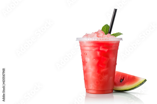 watermelon smoothie in take away cup with watermelon sliced isolated on white background with copy space