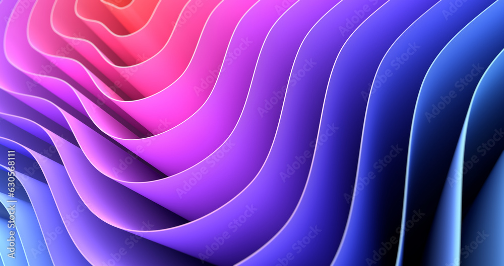 Fototapeta premium 3D render abstract background of smooth lines of spline waves from pink to blue with deep of field