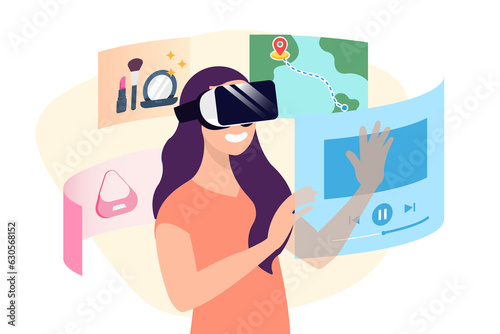 Woman Wearing AR Smart Glasses exploring Leisure Activities and Create Travel Plan. Flat Design Enters Virtual Simulation Isolated on White Background with Abstract Shapes. Mockup Infographic Concept.
