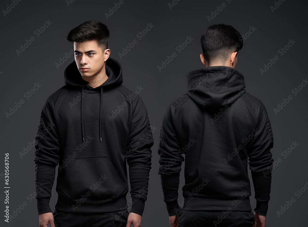 Front and back view of a black hoodie mockup for design print