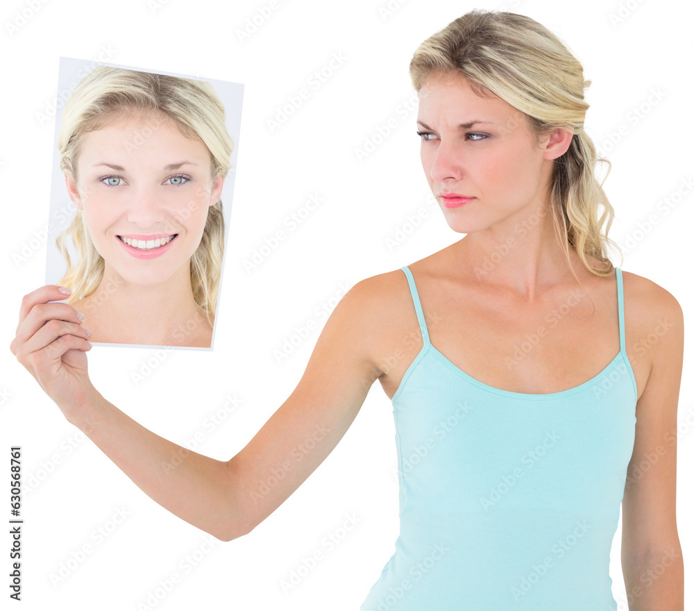 Digital png photo of angry caucasian woman holding portrait on transparent background Digital png photo of angry caucasian woman holding portrait on transparent background