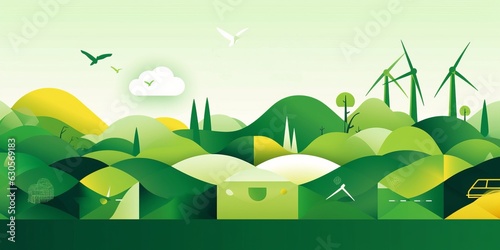 Green eco friendly lifestyle template mosaic illustration with nature abstract shapes. Sustainable energy concept landing page background. Minimalist environment shape website, geometry, Generative AI