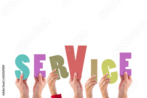 Digital png illustration of hands with service text on transparent background