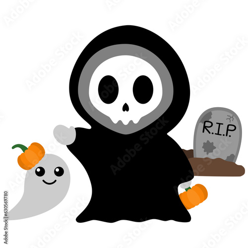 Baby Grim Reaper Kawaii Chibi Cartoon Style. Design Illustration Element for Decoration or Ornament in Artwork or Halloween Festival
