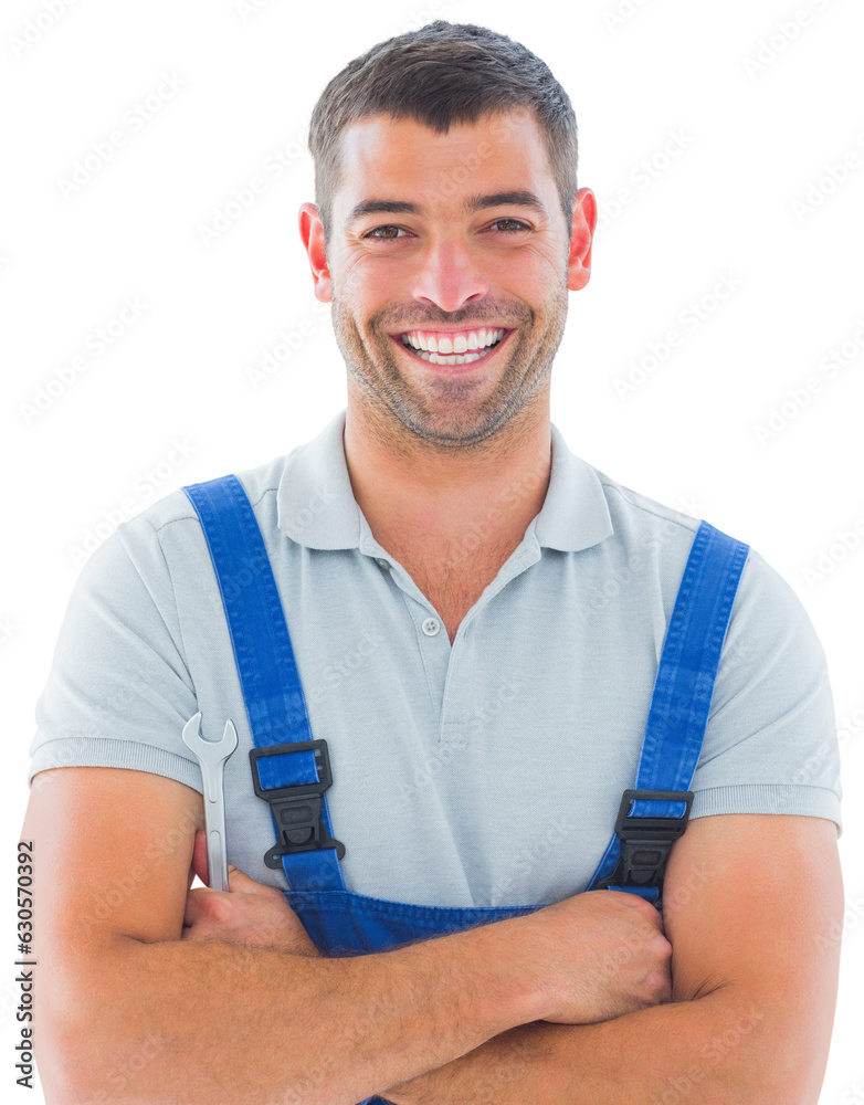Digital png photo of happy caucasian male worker with arms crossed on transparent background Digital png photo of happy caucasian male worker with arms crossed on transparent background